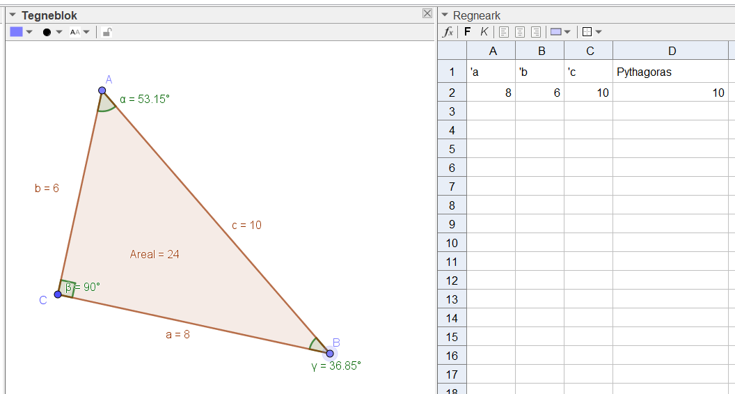 Illustration af en retvinklet, dynamisk trekant i GeoGebra
