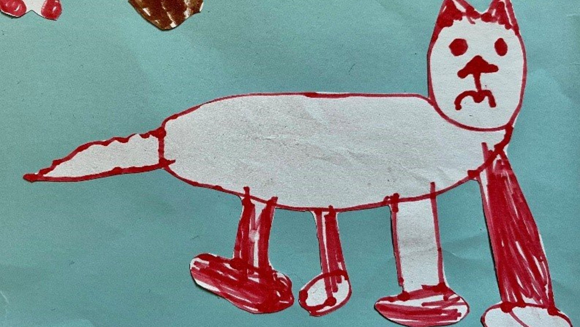 Børnetegning af kat med fire ben (Tegning: Iben Bjerre)